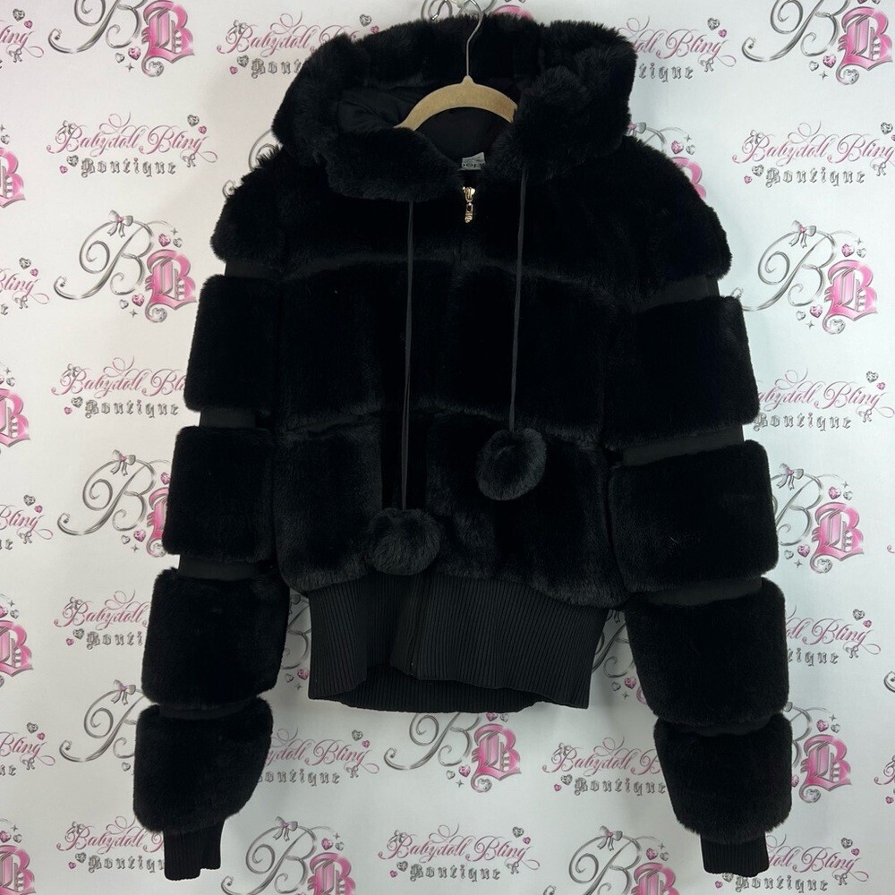 Bebe jacket fur faux furry tiered Pom Poms puffs Luxurious Black Faux Fur Jacket